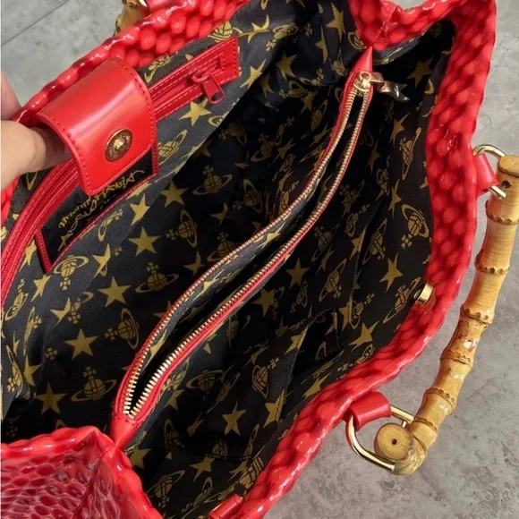 Rare Vivienne Westwood Red Quilted Patent Leather Tote with Bamboo Handles! - Picture 16 of 17